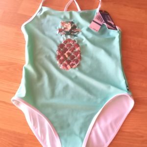 NWT Nautica girls one piece swimsuit green with pineapple sparkle  Sz, XL